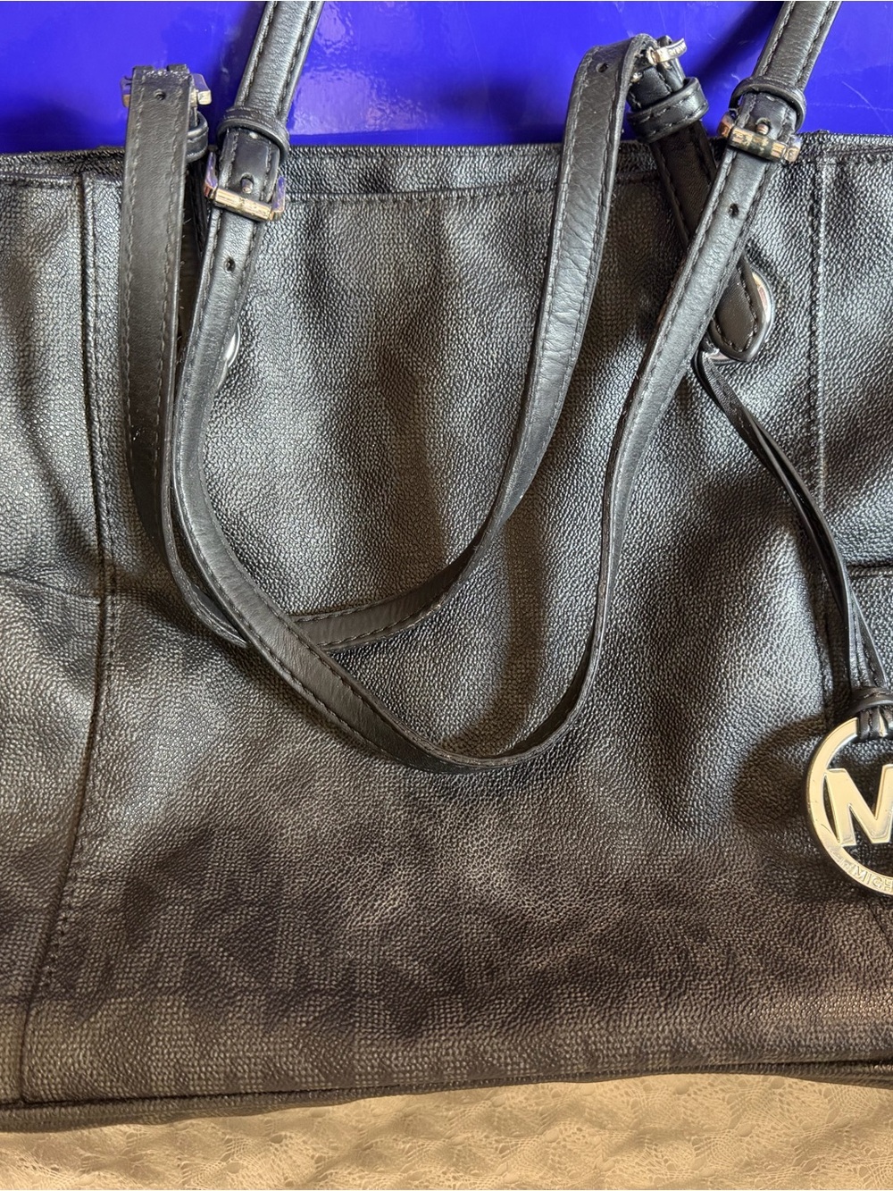 Michael Kors Black Leather Tote with MK Pendant